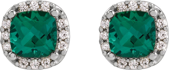 Platinum Lab-Grown Emerald & Natural Diamond Cushion Halo-Style Stud Earrings - view 4