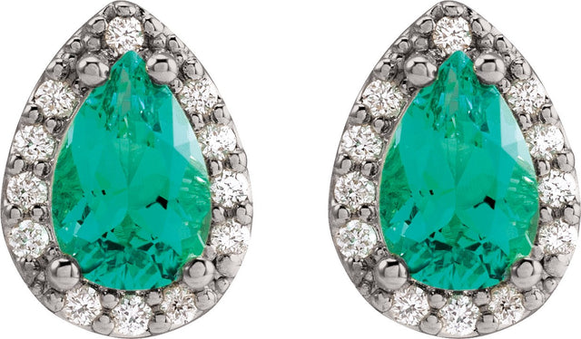 14K Gold Lab-Grown Emerald Pear 4-Prong Halo-Style Low Stud Earring - White Gold - view 8
