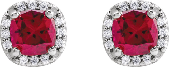 Platinum Lab-Grown Ruby & Natural Diamond Cushion Halo-Style Stud Earrings - view 4