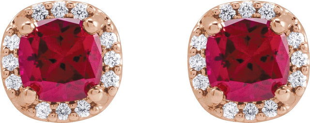 14K Gold Lab-Grown Ruby & Natural Diamond Cushion Halo-Style Stud Earrings - Rose Gold - view 4