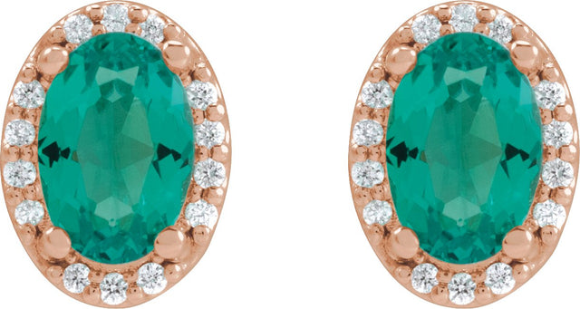 14K Gold Lab-Grown Emerald Oval 4-Prong Halo-Style Low Stud Earring - Rose Gold - view 6