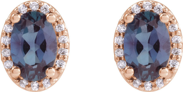14K Gold Lab-Grown Alexandrite Oval 4-Prong Halo-Style Low Stud Earring - Rose Gold - view 6
