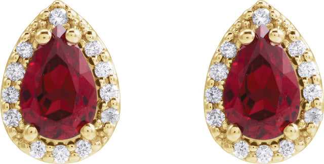 14K Gold Lab-Grown Ruby Pear 4-Prong Halo-Style Low Stud Earring - Yellow Gold - view 8