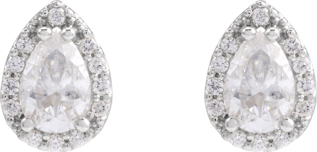 14K Gold Lab-Grown Moissanite Pear 4-Prong Halo-Style Low Stud Earring - White Gold - view 8