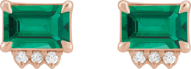 14K Gold Emerald Lab-Grown Emerald & Natural Diamond Accented Earrings - Rose Gold - view 6