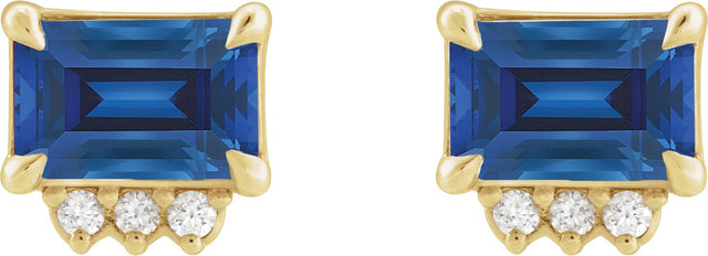 14K Gold Emerald Lab-Grown Blue Sapphire & Natural Diamond Accented Earrings – 6x4mm - Yellow Gold - view 4