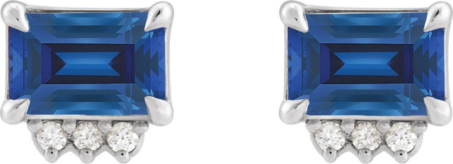 14K Gold Emerald Lab-Grown Blue Sapphire & Natural Diamond Accented Earrings – 6x4mm - White Gold - view 4