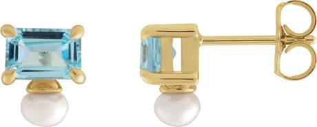 14K Gold Emerald Natural Sky Blue Topaz & Cultured White Freshwater Pearl Accented Pearl Earrings - Yellow Gold