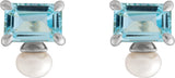 Platinum Emerald Natural Sky Blue Topaz & Cultured White Freshwater Pearl Accented Pearl Earrings - view 2