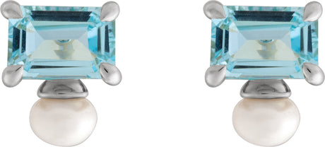 Platinum Emerald Natural Sky Blue Topaz & Cultured White Freshwater Pearl Accented Pearl Earrings - view 2