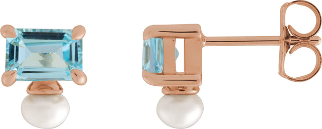 14K Gold Emerald Natural Sky Blue Topaz & Cultured White Freshwater Pearl Accented Pearl Earrings - Rose Gold