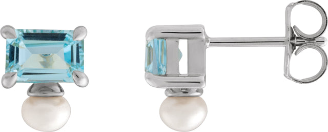 14K Gold Emerald Natural Sky Blue Topaz & Cultured White Freshwater Pearl Accented Pearl Earrings - White Gold