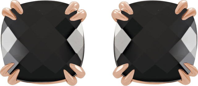 14K Gold Natural Onyx Cushion Double Claw-Prong Stud Earrings - Rose Gold - view 4