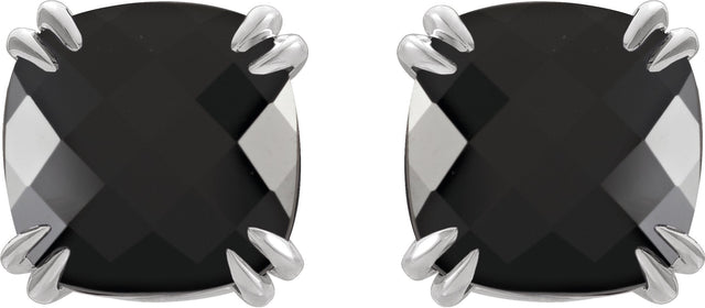 14K Gold Natural Onyx Cushion Double Claw-Prong Stud Earrings - White Gold - view 4