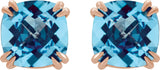 14K Gold Natural Swiss Blue Topaz Cushion Double Claw-Prong Stud Earrings - Rose Gold - view 4