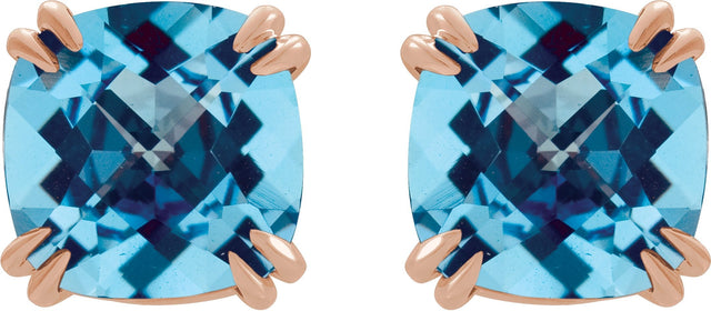 14K Gold Natural Swiss Blue Topaz Cushion Double Claw-Prong Stud Earrings - Rose Gold - view 4