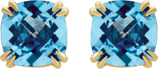 14K Gold Natural Swiss Blue Topaz Cushion Double Claw-Prong Stud Earrings - Yellow Gold - view 4