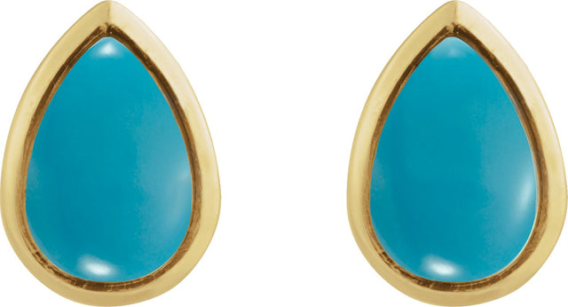 14K Gold Pear Natural Turquoise Cabochon Earrings - Yellow Gold - view 2