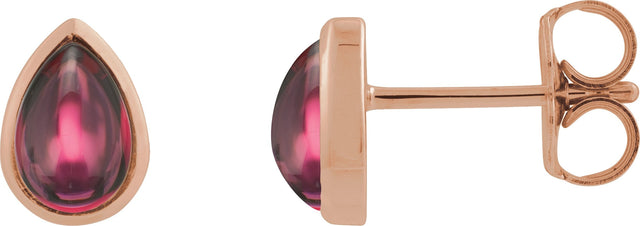14K Gold Pear Natural Rhodolite Garnet Cabochon Earrings - Rose Gold