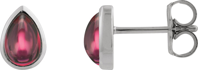 14K Gold Pear Natural Rhodolite Garnet Cabochon Earrings - White Gold