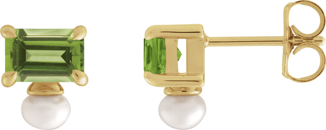14K Gold Emerald Natural Peridot & Cultured White Freshwater Pearl Accented Pearl Earrings - Yellow Gold
