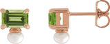 14K Gold Emerald Natural Peridot & Cultured White Freshwater Pearl Accented Pearl Earrings - Rose Gold