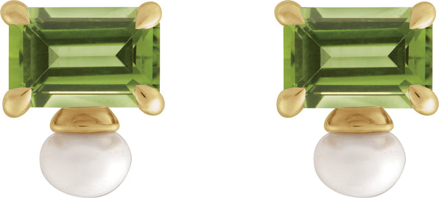 14K Gold Emerald Natural Peridot & Cultured White Freshwater Pearl Accented Pearl Earrings - Yellow Gold - view 2