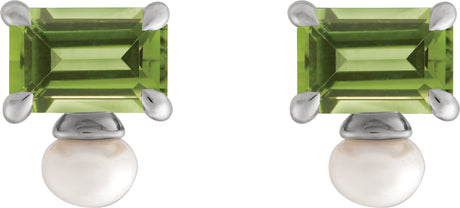Platinum Emerald Natural Peridot & Cultured White Freshwater Pearl Accented Pearl Earrings - view 2
