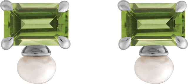 Platinum Emerald Natural Peridot & Cultured White Freshwater Pearl Accented Pearl Earrings - view 2