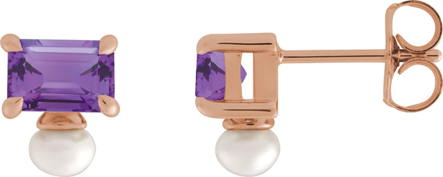 14K Gold Emerald Natural Amethyst & Cultured White Freshwater Pearl Accented Pearl Earrings - Rose Gold