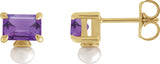 14K Gold Emerald Natural Amethyst & Cultured White Freshwater Pearl Accented Pearl Earrings - Yellow Gold