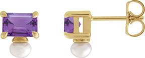 14K Gold Emerald Natural Amethyst & Cultured White Freshwater Pearl Accented Pearl Earrings - Yellow Gold