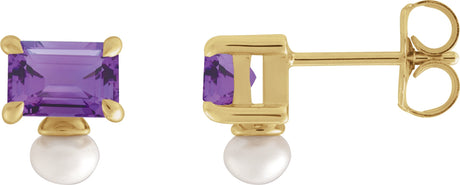 14K Gold Emerald Natural Amethyst & Cultured White Freshwater Pearl Accented Pearl Earrings - Yellow Gold