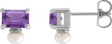 14K Gold Emerald Natural Amethyst & Cultured White Freshwater Pearl Accented Pearl Earrings - White Gold