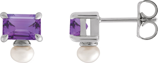 14K Gold Emerald Natural Amethyst & Cultured White Freshwater Pearl Accented Pearl Earrings - White Gold