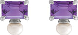 Platinum Emerald Natural Amethyst & Cultured White Freshwater Pearl Accented Pearl Earrings - view 2