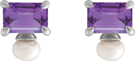 Platinum Emerald Natural Amethyst & Cultured White Freshwater Pearl Accented Pearl Earrings - view 2