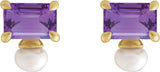 14K Gold Emerald Natural Amethyst & Cultured White Freshwater Pearl Accented Pearl Earrings - Yellow Gold - view 2