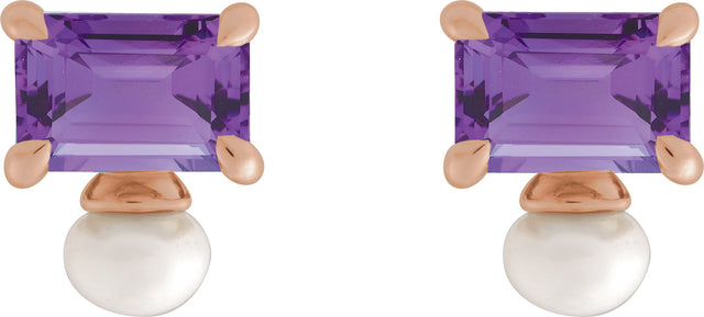 14K Gold Emerald Natural Amethyst & Cultured White Freshwater Pearl Accented Pearl Earrings - Rose Gold - view 2