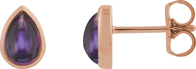 14K Gold Pear Natural Amethyst Cabochon Earrings - Rose Gold