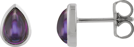 14K Gold Pear Natural Amethyst Cabochon Earrings - White Gold