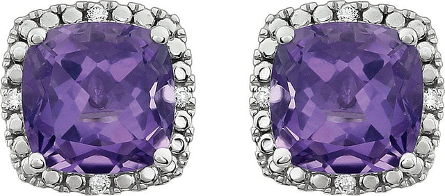 14K Gold Natural Amethyst & Natural Diamond Cushion 4-Prong Halo-Style Earrings - view 5