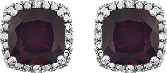 14K Gold Natural Mozambique Garnet & Natural Diamond Cushion 4-Prong Halo-Style Earrings - view 5