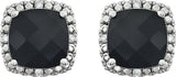 14K Gold Natural Black Onyx & Natural Diamond Cushion 4-Prong Halo-Style Earrings - view 5