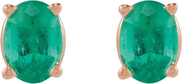 14K Gold Natural Emerald Oval 4-Prong Lightweight Stud Earrings - Rose Gold - view 8