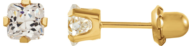 14K Gold Square White Cubic Zirconia Round 4-Prong Piercing Piercing Stud Earrings - Yellow Gold