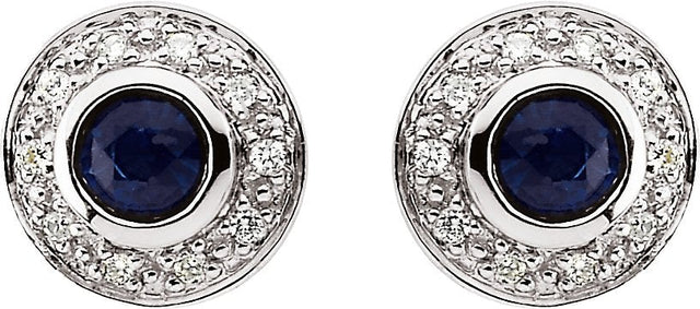 14K Gold Round Natural Blue Sapphire & Natural Diamond Bezel-Set Halo-Style Earrings - view 4