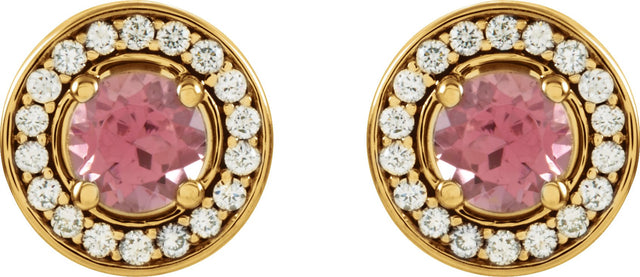 14K Gold Natural Pink Tourmaline & Natural Diamond Round 4-Prong Halo-Style Earrings - Yellow Gold - view 4