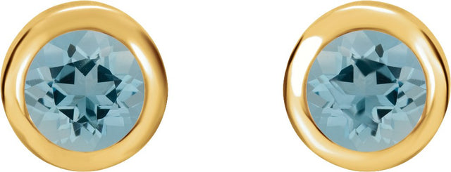14K Gold Natural Aquamarine Round Bezel-Set Birthstone Stud Earrings - Yellow Gold - view 6