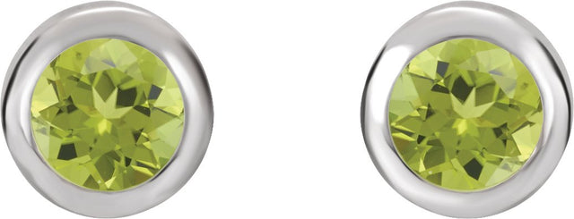14K Gold Natural Peridot Round Bezel-Set Birthstone Stud Earrings - White Gold - view 6